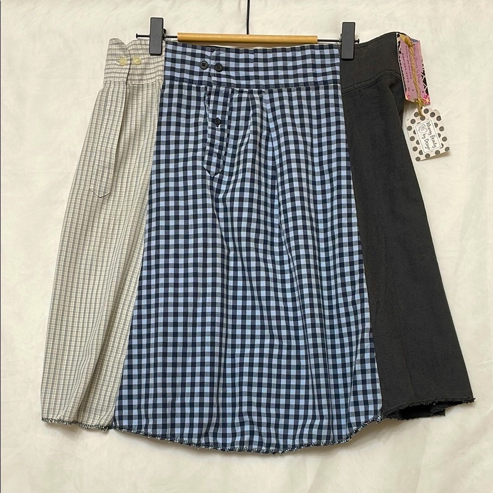 NWT Upcycled Handmade Gray, Light Blue & Red Mini Skirt Made of 4 Men’s Shirts!